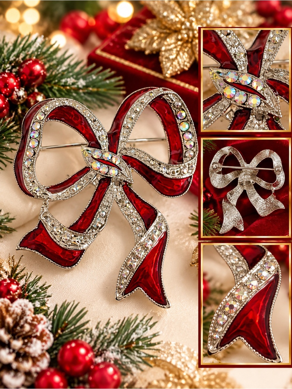 Red Crystal Bow Brooch - Elegant Women's Jewelry